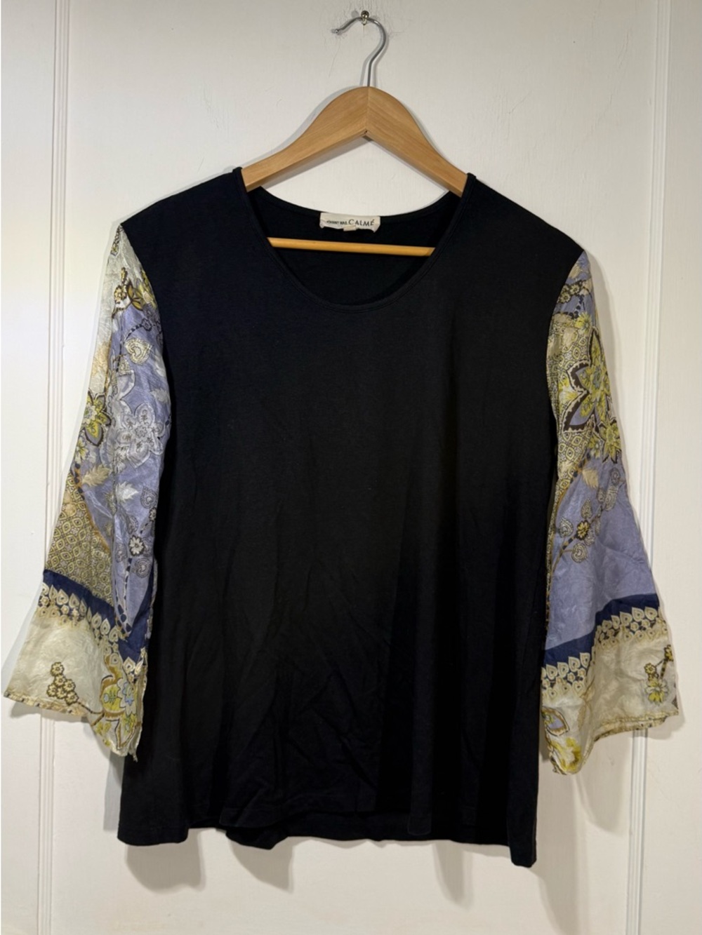 Johnny Was Black Cotton top with silk scarf sleeves